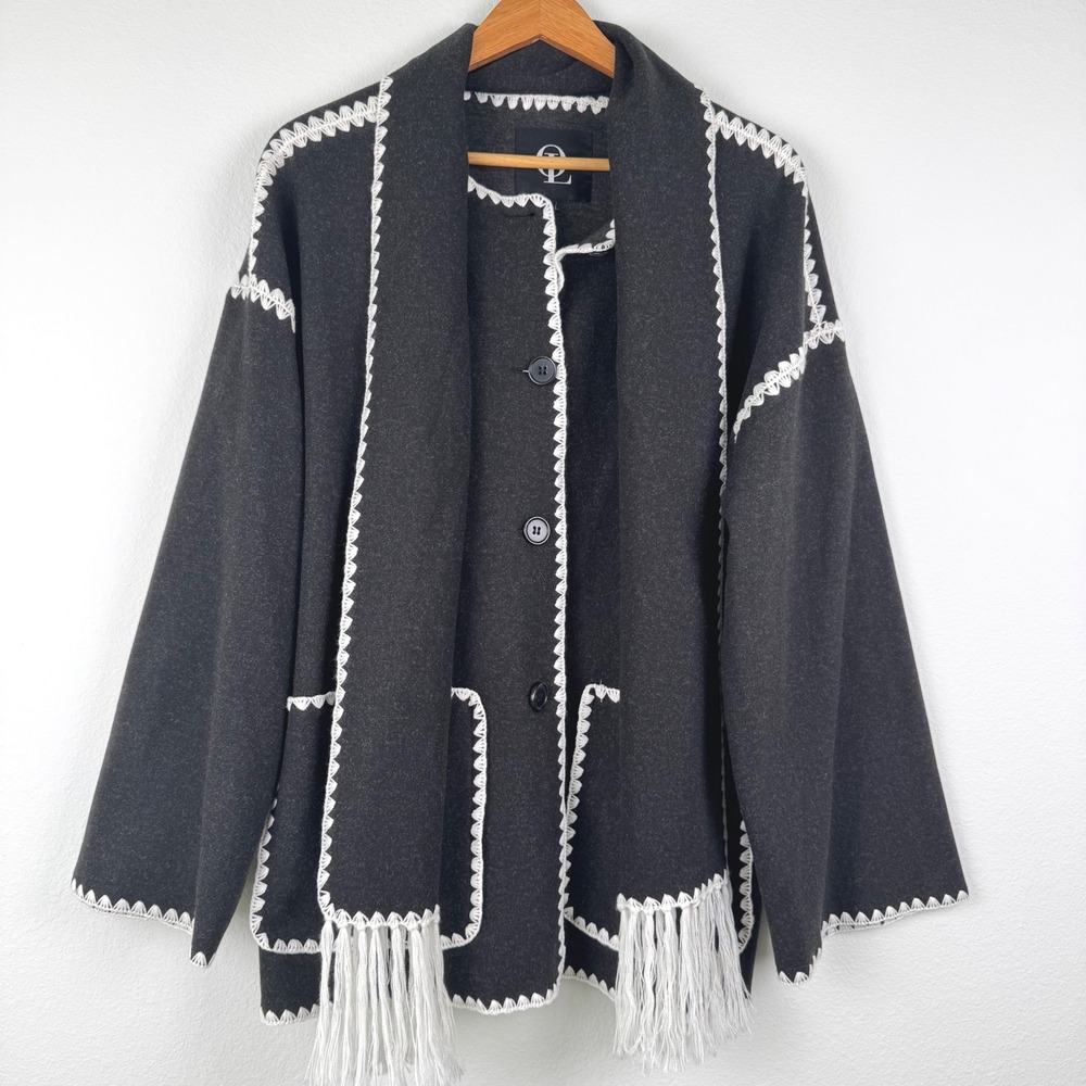 OTL Scarf Jacket Women L Charcoal Excellent Minimalist Embroidered Wool Blend